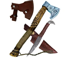 Crafttal - Vikingų kirvis 52 Cn. su Raban galvos peiliu 2-in-1 rinkinys, rankomis graviruota ąžuolo medžio rankena, 1095 anglinio plieno ašmenys, Larp kirvukas su odine apsauga, dovana vyrams