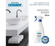 Cramer čiaupų valiklis 750 ml nuo kalkių ir nešvarumų – taip pat skirtas juodai armatūrai ir sūkurinių vonių purkštukams – ypač švelnus ir efektyvus specialus valiklis, skirtas blizgiems metaliniams paviršiams
