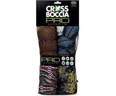Crossboccia Family Pack Pro, 4 x 3 vienodos spalvos medžiaginiai maišeliai, įvairūs dizainai, 8 cm skersmens, užpildyti granulėmis, rinkinys 4 žaidėjams, su taikiniu, daugkartinio uždarymo tinklelio maišelyje