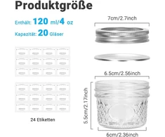 Culncraz 120 ml stiklainiai konservavimui, 20 vnt. stiklainių su įprasto pločio anga su sidabriniais aliuminio dangteliais ir žiedais, sandarūs stiklainiai maisto laikymui, konservavimui, avižoms per naktį, fermentavimui