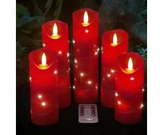 Danip raudona led žvakė su integruotomis girliandomis, 5 led žvakė su 10 mygtukų nuotolinio valdymo pulteliu, 24 valandų laikmačio funkcija, šokanti liepsna, tikras vaškas, maitinama baterijomis.