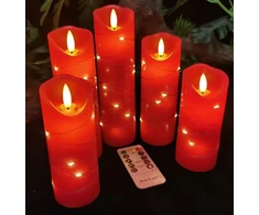 Danip raudona led žvakė su integruotomis girliandomis, 5 led žvakė su 10 mygtukų nuotolinio valdymo pulteliu, 24 valandų laikmačio funkcija, šokanti liepsna, tikras vaškas, maitinama baterijomis.
