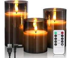 Daphomeu įkraunamos led žvakės su nuotolinio valdymo pulteliu ir laikmačiu, mirgančios elektrinės led žvakės namų dekoravimui, vestuvėms, vakarėliams, Helovinui, Kalėdoms, 3d emuliacinės žvakės, pilkas stiklas, 3 vnt.