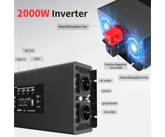 Datouboss gryno sinuso bangos galios keitiklis 2000 W / 4000 W 12 V į 230 V su 2 Eu lizdais, 2 Usb, 1 Qc3.0, 1 Type-c ir Lcd ekranu, įtampos keitiklis kemperiui, automobiliui