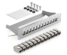 Deleycon 12 prievadų patch panelis, rinkinys, modulinis 1 U 10 colių stovo montavimas + 12x Rj45 keystone modulis Cat6a, suderinamas su Cat5 Cat6 Cat7 Lan tinklo kabelio montavimo kabeliu, pilkas
