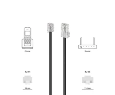 Deleycon telefono kabelis, Rj11 į Rj45 modulinis plokščias kabelis, Rj11 kištukas į Rj45 tinklo kištuką, telefono lizdas, modemas, maršrutizatorius, faksas, Isdn, Dsl, Vdsl, internetas, 15 m, juodas
