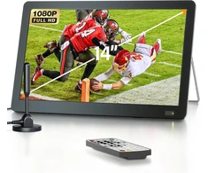 Vaizdo grotuvas Desobry 14.1 colio nešiojamas televizorius su dvb-t2 hd antena ir 3000 mah baterija, full hd hdmi/usb/av prievadai, integruotas stovas stovyklavimui/avarijoms (įskaitant nuotolinio valdymo pultą) (dvb-t2)