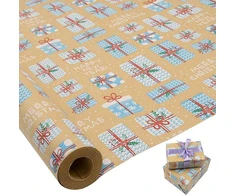 Didelis vyniojamojo popieriaus rulonas - 76cm x 15m - perdirbamas kalėdinis vyniojamasis popierius su mėlynu dovanų raštu Kalėdoms, gimtadieniui, vestuvėms ir vakarėlių dekoracijoms