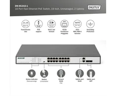 Šakotuvas Digitus 18 prievadų fast ethernet poe tinklo jungiklis 16x rj45 poe + 2x combo rj45/sfp - 250w poe biudžetas - 19 colių - 10/100 mbps
