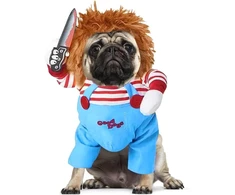 Diydec juokingi chucky šuns drabužiai, helovino šuns kostiumo perukas ir peilis, siaubingas šuns kostiumas helovino naminių gyvūnėlių cosplay vakarėliui
