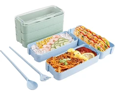 Diyjep 2 dalių priešpiečių dėžučių rinkinys, bento dėžutė su šaukštu, šakute ir lazdelėmis, suaugusiųjų priešpiečių dėžutė 900 ml su 3 skyriais, daugkartinio naudojimo sistema priešpiečių dėžutė į mokyklą, darbą, iškylą, kelionę (žalia, mėlyna)