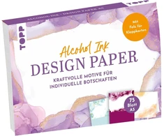 Dizaino popierius Din A5 Alcohol Ink: 75 rašymo lapai (din A5, 220 g/m²) su lankstymo linija atvirukams, 25 dizainai, 16 puslapių rankų rašymo pagrindų kursas, minkštas viršelis
