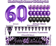 Djlla 60-ojo gimtadienio itin ilga "happy Birthday" girlianda (9 x 1,21 m), violetinė, auksinė, metalinė, guminė, 1 vnt., reklaminis skydelis, konfeti, balionai