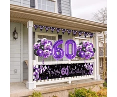 Djlla 60-ojo gimtadienio itin ilga "happy Birthday" girlianda (9 x 1,21 m), violetinė, auksinė, metalinė, guminė, 1 vnt., reklaminis skydelis, konfeti, balionai
