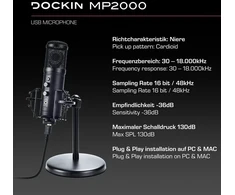 Dockin® Mp2000 Studio Usb mikrofonas, skirtas Pc ir Mac, nulinio latentiškumo stebėjimo stovas su sunkiu trikoju, skirtas balso ir instrumentų įrašymui, transliacijai ir podcast'ams, su Led lemputėmis