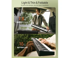 Donner Dp-10 nešiojamas pianinas, 88 klavišai pradedantiesiems, bluetooth sulankstomas pianinas su 128 ritmais, akordais, įrašymu, sulankstomas skaitmeninis pianinas su pedalu, pianino krepšiu, juodas