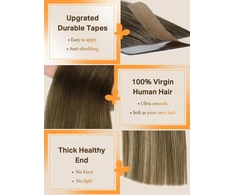 Doores tape-in tikrų plaukų priauginimas, ombre riešuto ruda į pelenų rudą ir šviesiai blondinę, 35 cm, 50 g, 20 vnt., tape-in plaukų priauginimas, remy tape priauginami tikri plaukai