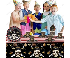 Doyomtoy Piratų tematikos stalo įrankių rinkinys vakarėliui, 53 vienetų piratų vaikiškų gimtadienio dekoracijų, piratų vakarėlio stalo įrankiai, lėkštės vakarėliui, popieriniai puodeliai, servetėlės, berniukams ir mergaitėms, 16 žmonių