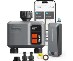 Drėkinimo kompiuteris Wlan 2 išėjimai su 300 m Rf technologija, laistymo laikmatis sodo laistymui, suderinamas su Alexa ir Smart Life programėle, automatinė drėkinimo sistema sodui, vejai