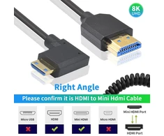 Duttek mini hdmi į hdmi 2.1 spiralinis kabelis 1.2 m, stačiu kampu mini hdmi į hdmi kabelis, hdmi 2.1 palaiko 8k @ 60hz, 4k @ 120hz, suderinamas su kamera, vaizdo kamera, planšetinio kompiuterio grafika, nešiojamuoju kompiuteriu