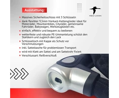Dviračio spyna, ebike grandininė spyna, 150 cm, rato spyna, motociklo spyna, spyna ebike, dviračio grandininė spyna, Raudona Loon spyna dviračiui, e-dviračiui, motociklui, motoroleriui, įskaitant balno krepšį