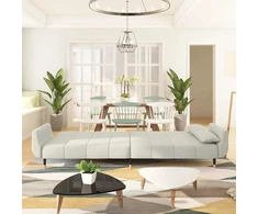 Fotelis Dvivietė sofa-lova su dvejomis pagalvėmis, kreminė, aksomas