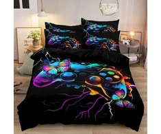 Dxhome patalynės komplektas 135 x 200 cm žaidėjams, žaidimų pultelis, žaidimai, mėlyna violetinė patalynė, 3d spauda, minkštas mikropluoštas, dvipusis patalynės komplektas, 2 dalių paaugliams berniukams, antklodės užvalkalas su užtrauktuku + 1 pagalvės už