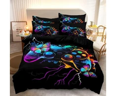 Dxhome patalynės komplektas 135 x 200 cm žaidėjams, žaidimų pultelis, žaidimai, mėlyna violetinė patalynė, 3d spauda, minkštas mikropluoštas, dvipusis patalynės komplektas, 2 dalių paaugliams berniukams, antklodės užvalkalas su užtrauktuku + 1 pagalvės už