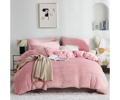 Dxhome Pūkuotas žieminis patalynės komplektas 135 x 200 cm, itin šiltas 4 dalių, minkštas flisinis antklodės užvalkalas šviesiai rožinės spalvos, pieno fliso patalynė vaikams su užtrauktuku ir 2 pagalvių užvalkalais 80 x 80 cm
