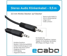Ecabo 10003 stereo audio jack kabelis 3.5 mm male į 3.5 mm male - aux kabelis automobilių radijoms, mp3 grotuvams, imtuvams, kompiuteriams, nešiojamiems kompiuteriams, 0.50 m, juodas