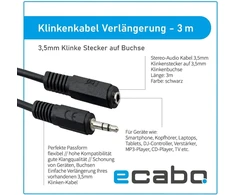 Ecabo 10023 stereo audio lizdo ilgiklis 3.5 mm kištukas į 3.5 mm lizdą - aux kabelis - ilgiklis - automobilių radijo imtuvams, mp3 grotuvams, imtuvams, kompiuteriams, nešiojamiesiems kompiuteriams, 3.00 m, juodas