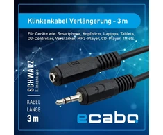 Ecabo 10023 stereo audio lizdo ilgiklis 3.5 mm kištukas į 3.5 mm lizdą - aux kabelis - ilgiklis - automobilių radijo imtuvams, mp3 grotuvams, imtuvams, kompiuteriams, nešiojamiesiems kompiuteriams, 3.00 m, juodas
