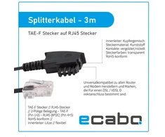 Ecabo 10057 3m tae-f kištukas į rj45 kištuko jungiamąjį kabelį - maršrutizatoriaus kabelis - vdsl/dsl - tiesioginis sujungimas nuo dsl maršrutizatorių iki telefono lizdo - plokščias kabelis visiems maršrutizatoriams ir modemams - juodas