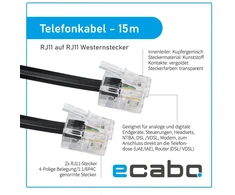 Ecabo 10089 15m modulinis telefono kabelis - 2x Rj11 kištukai - jungiamasis kabelis - vakarinis kištukas - 4 gyslų / 6p4c / 1:1 - plokščias kabelis telefonui, Isdn, atsakikliui, faksui, modemui - juodas