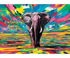 Edition Seidel Premium kalendorius Elephant Art 2025, formatas Din A3, sieninis kalendorius, gyvūnų kalendorius, dramblys, modernus pop meno tapybos stilius