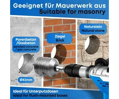 Effektwerk karūninis grąžtas 82 mm skersmens skylės pjūklų rinkinys betonui, plytoms ir akmens mūrui, apvalus tuščiaviduris grąžtas su karbido centriniu grąžtu ir sds plus kotu