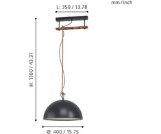Eglo hodsoll pakabinamas šviestuvas, 1 lemputės pakabinamas šviestuvas vintage, industrial, retro, pakabinamas šviestuvas pagamintas iš plieno, medžio, virvės juodos, kreminės, rudos spalvos, valgomojo stalo lempa, svetainės lempa su e27