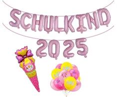 Einschulung Deko balionas moksleivei 2025 rožinės spalvos. Mokyklos pradžios dekoracijų rinkinys su girlianda Schulkind 2025, foliniai balionai, helio balionai, reklaminis skydelis, saldainių maišeliai, dovanos moksleivei