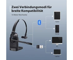 Eksa H5 Bluetooth Pc ausinės su mikrofonu ir Usb raktu [45 val. atkūrimo laikas ir 10 m atstumas] Mono su įkrovimo stotele ir Ai triukšmo slopinimo mikrofonu, belaidės verslo ausinės biurui/namų biurui