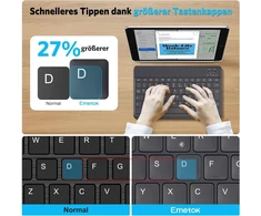 Emetok vokiška bluetooth klaviatūra, skirta Ipad Air/pro/mini/10.9/10.2/9.7/iphone/android, padidinti klavišų gaubteliai, įkraunama, Qwertz, nešiojama belaidė, itin plona, juoda (be apšvietimo)