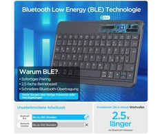 Emetok vokiška bluetooth klaviatūra, skirta Ipad Air/pro/mini/10.9/10.2/9.7/iphone/android, padidinti klavišų gaubteliai, įkraunama, Qwertz, nešiojama belaidė, itin plona, juoda (be apšvietimo)