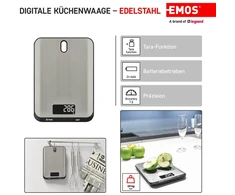 Emos - Skaitmeninės virtuvinės svarstyklės su sieniniu laikikliu - pagamintos iš nerūdijančio plieno - maksimalus svoris 10 kg, tikslumas iki 1 g - taros funkcija, lcd ekranas, su baterijomis - reguliuojamas g, kg, ml, oz, lb, tl -