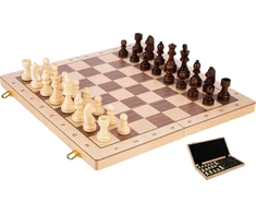 Engelhart didelis beržo medienos šachmatų žaidimas – riešutmedžio ir klevo lukštas – sulankstomas – matmenys: 45 x 45 x 5,5 cm – karalius: 90 mm – dėžutė: 50 mm