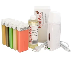 Epilwax Royal epiliacijos rinkinys su: profesionaliu vaško šildytuvu, 5 vaško kasetėmis po 100 ml Panashed, 100 epiliacijos juostelių, 1 buteliuku 250 ml aliejaus po epiliacijos (royal Series 5)