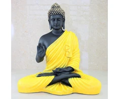 Esplanade medituojantis buda polirezino namų dekoro stabas statula murti 35.5cm aukščio geltona