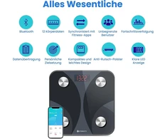 Etekcity Fit8s kūno riebalų svarstyklės skaitmeninės su programėle, išmaniosios svarstyklės su kūno riebalų ir raumenų mase, bluetooth kūno analizės svarstyklės kūno masės indeksui, proteinams, 180 kg / 0,05 kg, juodos
