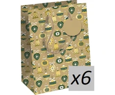 Eurowrap 6 x vidutinio dydžio kraft popieriniai dovanų maišeliai - 8.5" x 4" x 10" - 210g - Kalėdiniai burbulai - Auksinis fonas - Idealūs knygoms, žaidimams, mažoms dovanoms - X-34665-3c