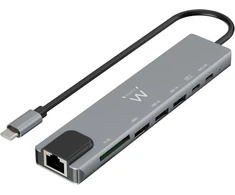Ewent usb-c hdmi 8-in-1 šakotuvas, usb-c į doką multiport 8-in-1, usb c šakotuvas su 1000mbps ethernet, hdmi 4k, 1 usb-c pd prievadas, 1 usb-c prievadas, 2 usb-a prievadai, 1 lan prievadas, 1 sd/tf kortelių skaitytuvas, aliuminis