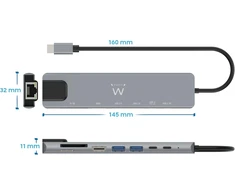 Ewent usb-c hdmi 8-in-1 šakotuvas, usb-c į doką multiport 8-in-1, usb c šakotuvas su 1000mbps ethernet, hdmi 4k, 1 usb-c pd prievadas, 1 usb-c prievadas, 2 usb-a prievadai, 1 lan prievadas, 1 sd/tf kortelių skaitytuvas, aliuminis