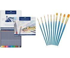 Faber-castell 114624 - Goldfaber akvareliniai pieštukai, 24 spalvų pieštukų rinkinys ir Amazon Basics - teptukų rinkinys menininkams, 10 skirtingų dydžių, skirtas menininkams, suaugusiems ir vaikams, mėlynas, 1 pakuotė